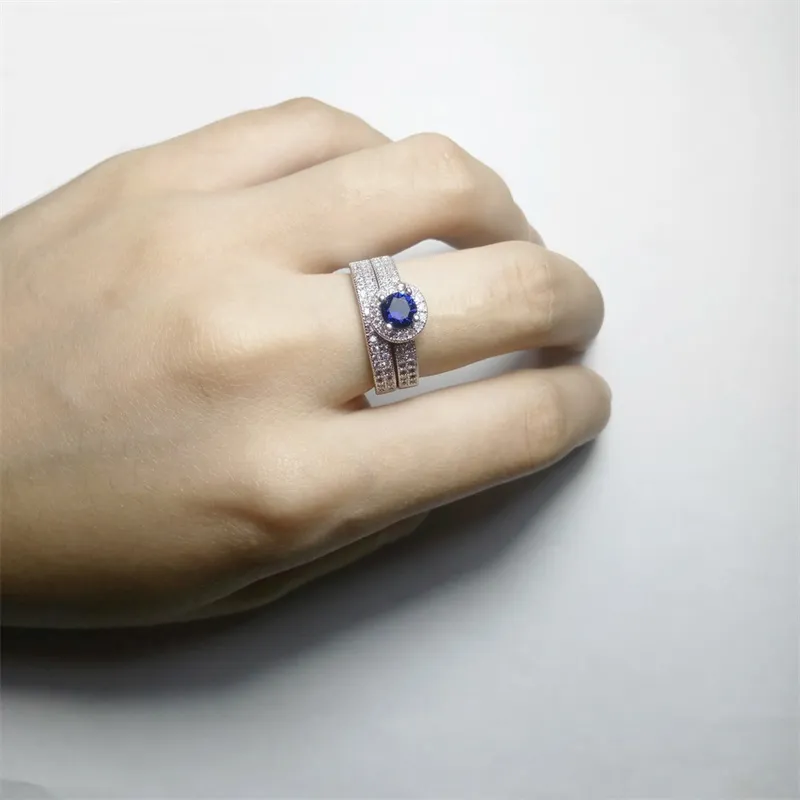 Yhamni Original Pure Silver -förlovningsringar Set Round Whiteblue CZ Diamond Wedding Rings uppsättning för kvinnor Kenr0429388159