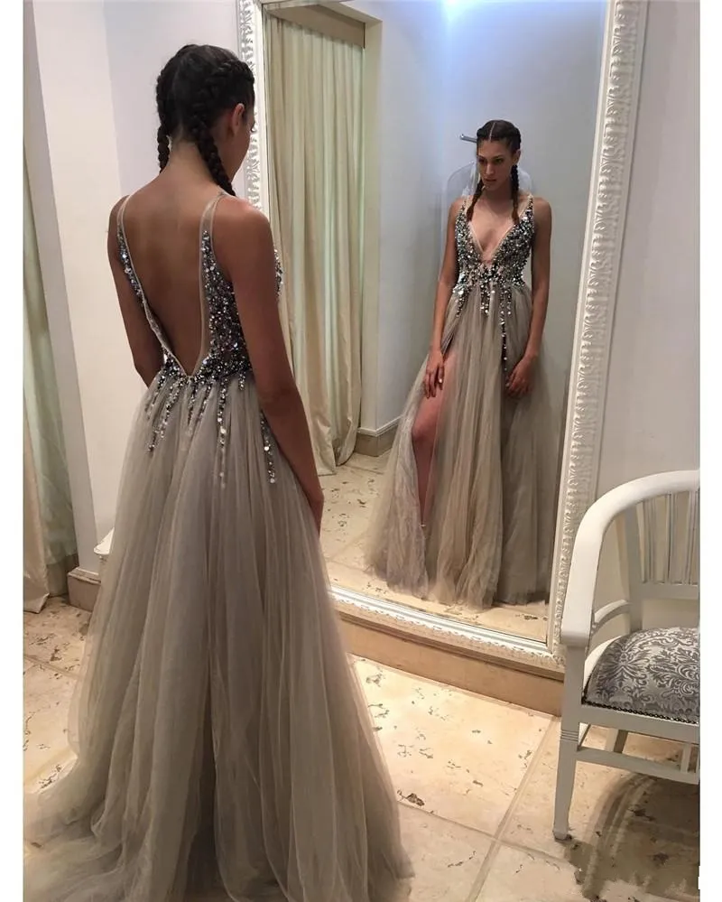Sexy Thigh Split Evening Dresses Plunging Neckline Beaded Pearls