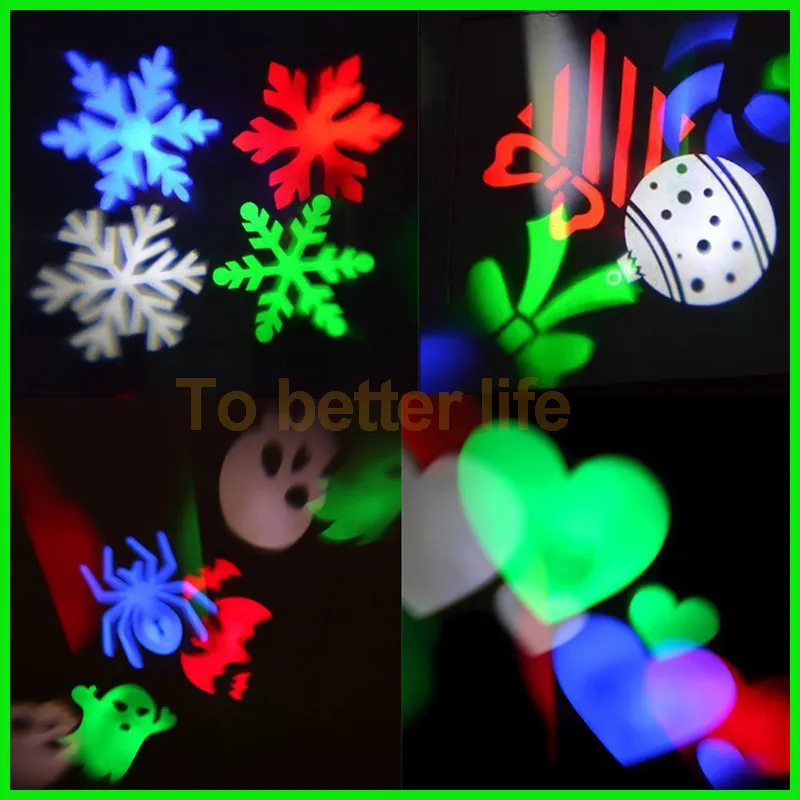 Effetti LED Natale Decorazione da parete luci laser 4 pattens lampada carte luci proiettori fiocchi di neve amore caramelle teschio Halloween