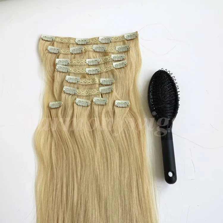 160g 10 sztuk / zestaw Clip In On Hair Extensions Double Drown Prosty 20 22 cali Brazylijski Indian Remy Human Hair # 613 / Bleach Blonde