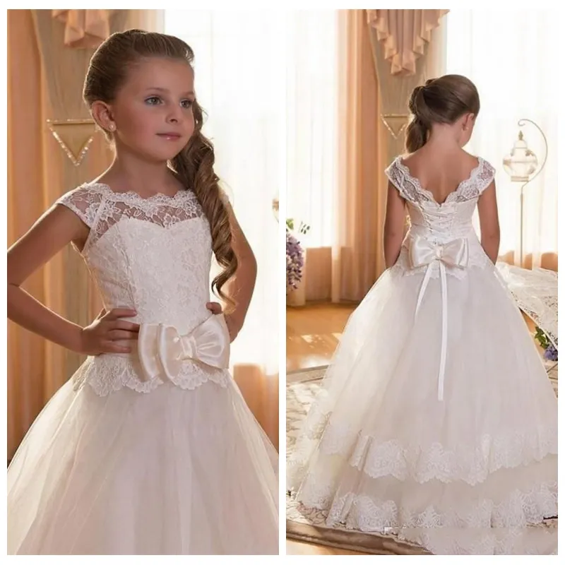 Economize muito em 2018 Vestidos De Meninas De Flor Primeira Comunhão  Vestidos Para Casamentos Colher Sem Encosto Com Apliques Vestido De Baile 