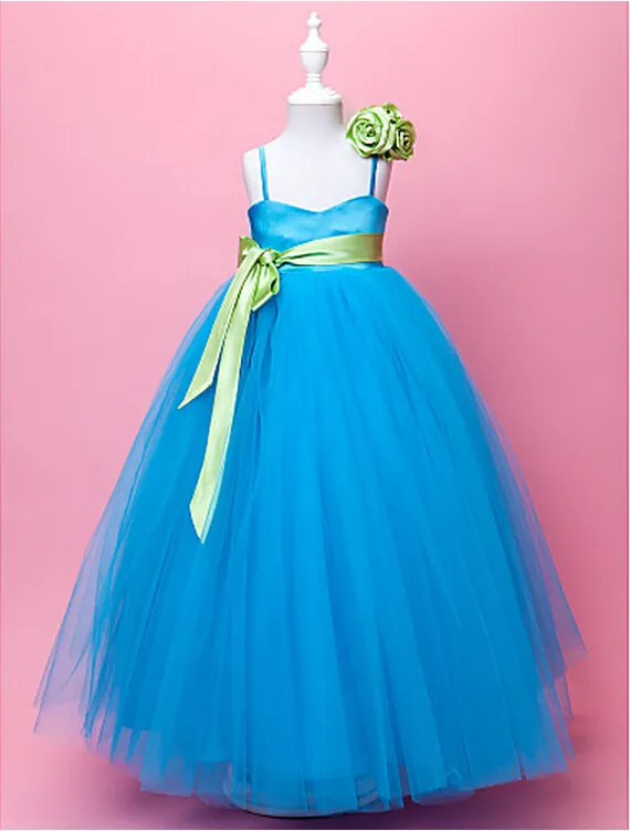 Custom Made Beautiful Ball Gown Spaghetti Straps Floor-Length Embellishing Satin And Tulle Flower Girl Dress With Hand Made Flowers