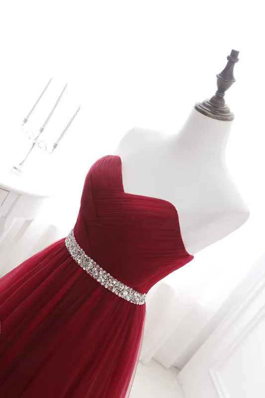 100% Real Image 2019 Burgundy Tulle Evening Dresses Sweetheart Neck Tulle Beaded A Line Floor Length Designer Occasion Dresses Party Gown