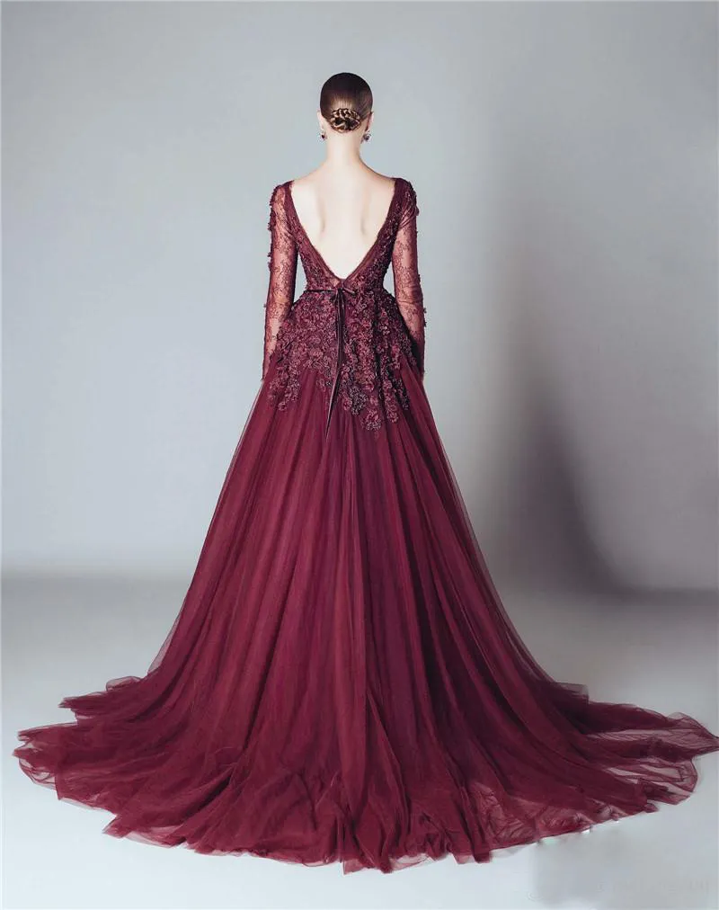 Alfazairy 2016 Burgundowe koronkowe sukienki wieczorowe z długim rękawem Seksowne plecy 3DFLORLALNE Koraliki Tiulle Odłączona spódnica Made8139588