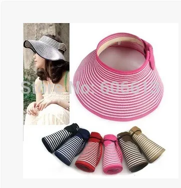 Summer Striped Roll Up Wide Brim Sun Visor Hat Foldable Women Beach Straw Hat 10pcs/lot Free shipping