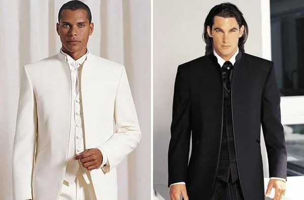 Black White No Button Formal Men Suits Groom Groomsmen Tuxedos Wedding Bridegroom Fall Winter Suits Custom Made (Jacket+Pants+Vest+Tie)