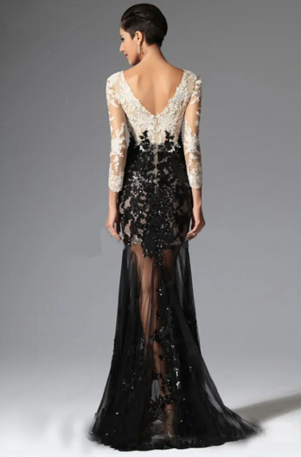 2019 Sexy High Quality Evening Gowns Sleeves Long Prom Gowns Formal Mermaid Sheath V Neck Ivory White Champagne and Black Lace See1891651
