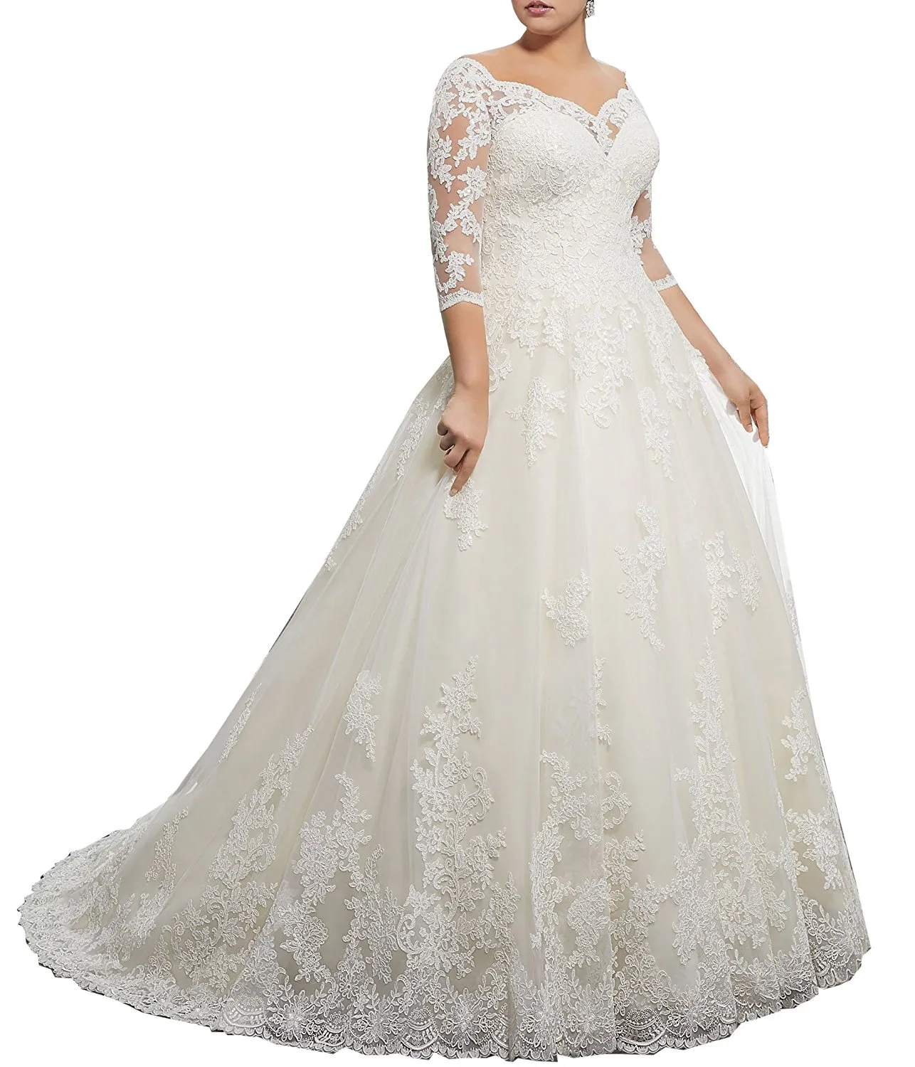 Stunning V-Neck Winter 3/4 Long Sleeve Lace Wedding Dresses Appliques Plus Size Ball Gown Custom Vestido de novia Formal Bridal Gown Arabic