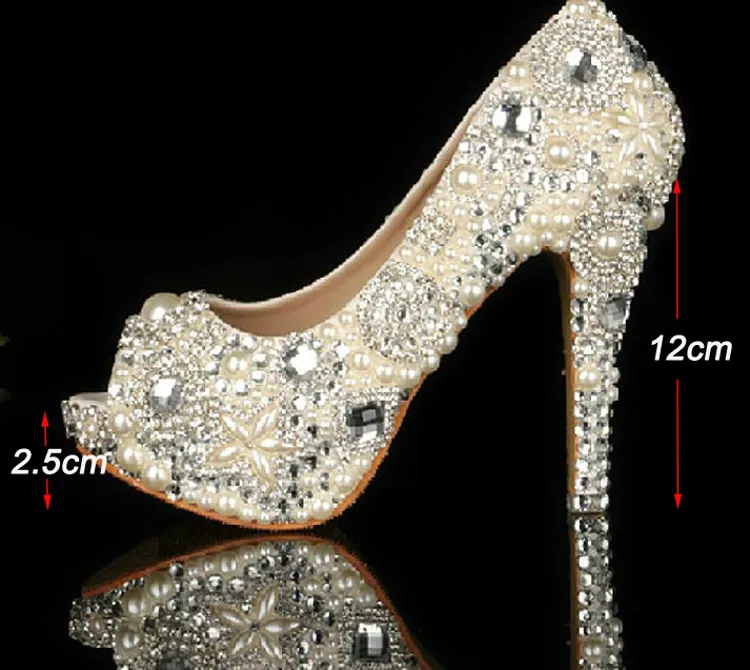 Unik Ivory Pearl Rhinestone Bröllopsklänning Skor Peep Toe High Heeled Bridal Skor Vattentät Kvinna Party Prom Skor Plattformar Bankett