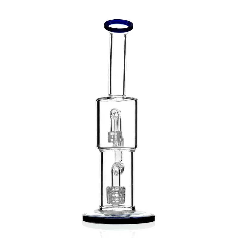 New double recycler glass water pipe glass bong recycler oil rigs for smoking with 11 inches 18mm male joint