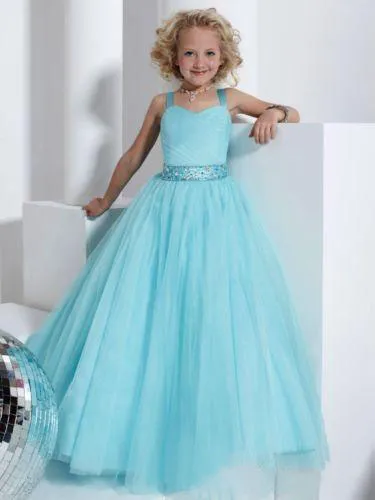 Sky Blue Crystal Gown for Toddler Girls - Plus Size Wedding Dress with Belt and Custom Fit (EN11194)