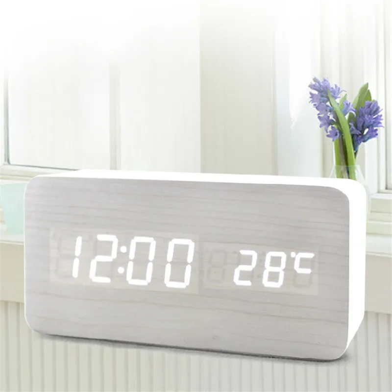 Cube Holz LED Wecker LED Display Elektronische Desktop Digitale Tischuhren Holz Digital Wecker USB/AAA Sprachsteuerung horloge