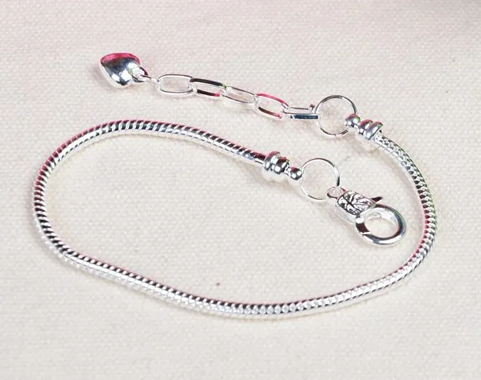 Klassisk DIY 925 Silverplätering Snake Chain Armband + Förlängning av kedjan Passform Europen Charms Beads Hummer Clasp Armband