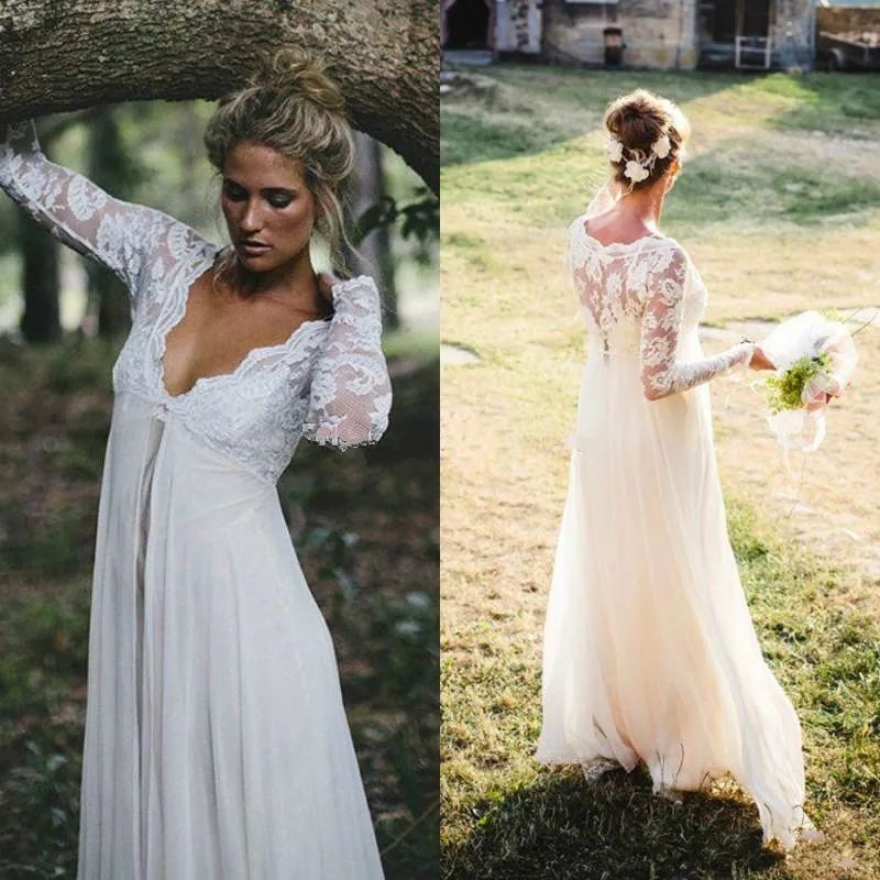 Dentelle Robes De Mariée De Maternité avec Taille Empire Longueur De Plancher En Mousseline De Soie Manches Longues Plus La Taille Robes De Mariée Sexy Robes De Mariée De Plage