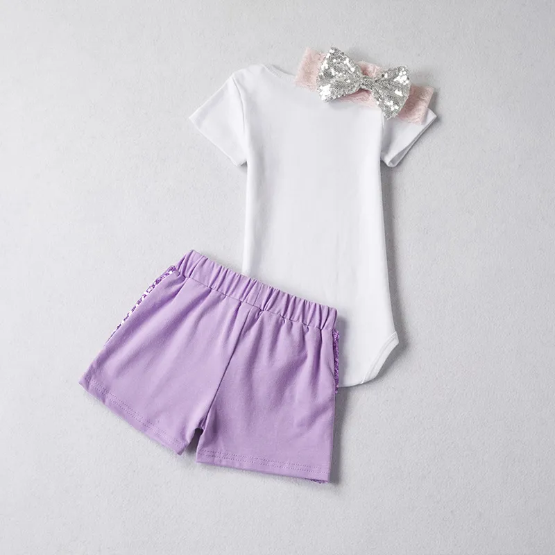 Cute Baby Girl Clothes Summer Short Sleeve Letter Printed Baby Rompers Tops + Sequin Shorts + Headband Girls Outfit Set Kids Clothes