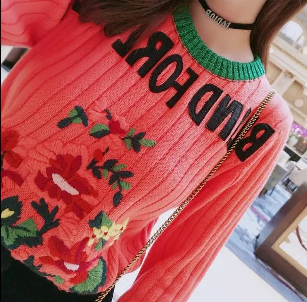 2018 High End Dark Pink Blind For Love Pullover Women Brand Same Style Beads Crystals Knitting Women`s Sweaters Runway Style Sweaters 110132