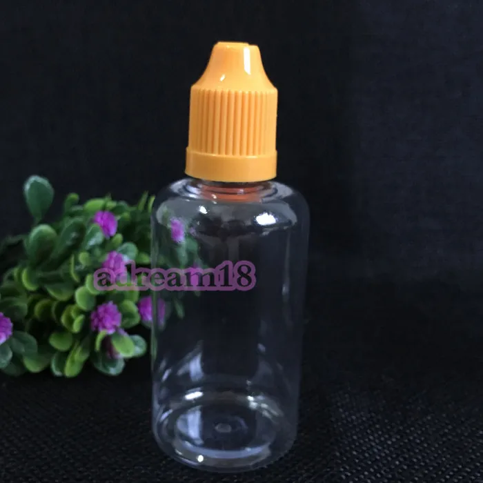 2018 HOttest Sale Flacons compte-gouttes transparents de 50 ml Flacons de gouttes pour les yeux Eliquid, Flacons en plastique de haute qualité de 50 ml avec bouchon coloré à l'épreuve des enfants