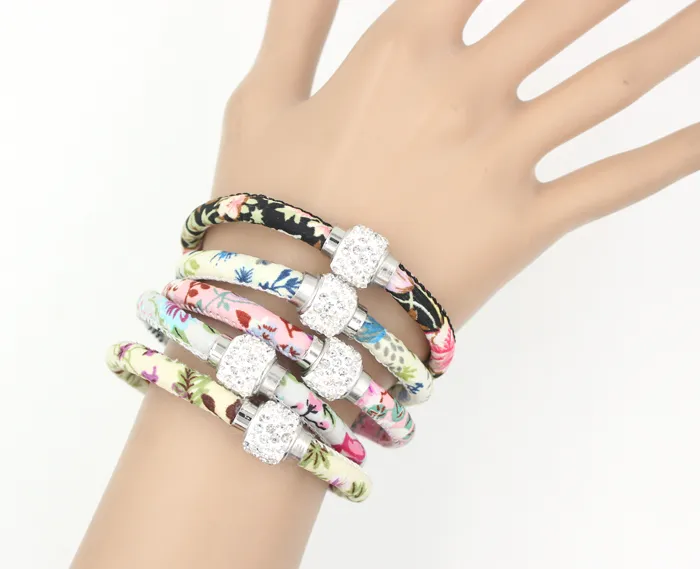 Blanda 5 färger Helt nya Crystal Bead Blomma tryckt tygrep armband och Crystal Magnetic Closer Bead Armband för kvinnor