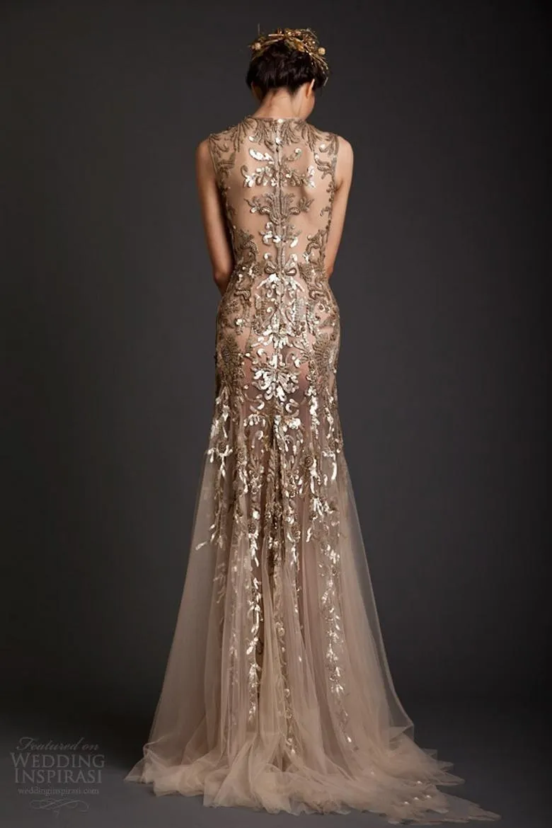 Krikor Jabotian Suknie wieczorowe Klasyczny Złoty Syrenka Kształt Tulle Sheer See przez Aplikacje Prom Dress Emboridery Długa Formalna Dubai Dress