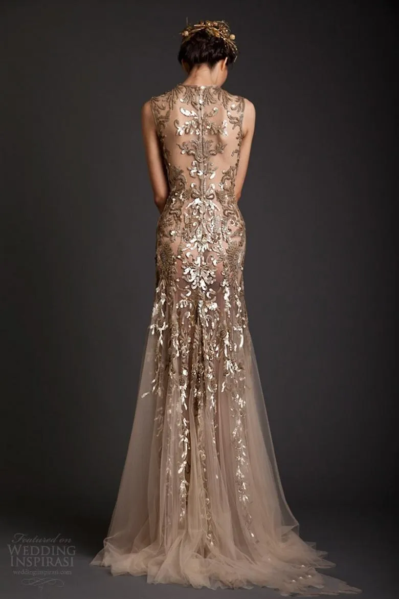 Krikor Jabotian Evening Dresses Classic Gold Mermaid Shape Tulle Sheer See Through Appliques Prom Dress Emboridery Long Formal Dubai Dress