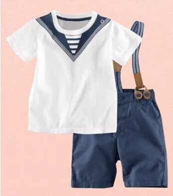 Baby Boys Clothing Set Short Sleeve Navy Style T Shirt + Straps Pants Toddler Clothes Set 80-120 Fit 1-5Age Kids Suits TR89