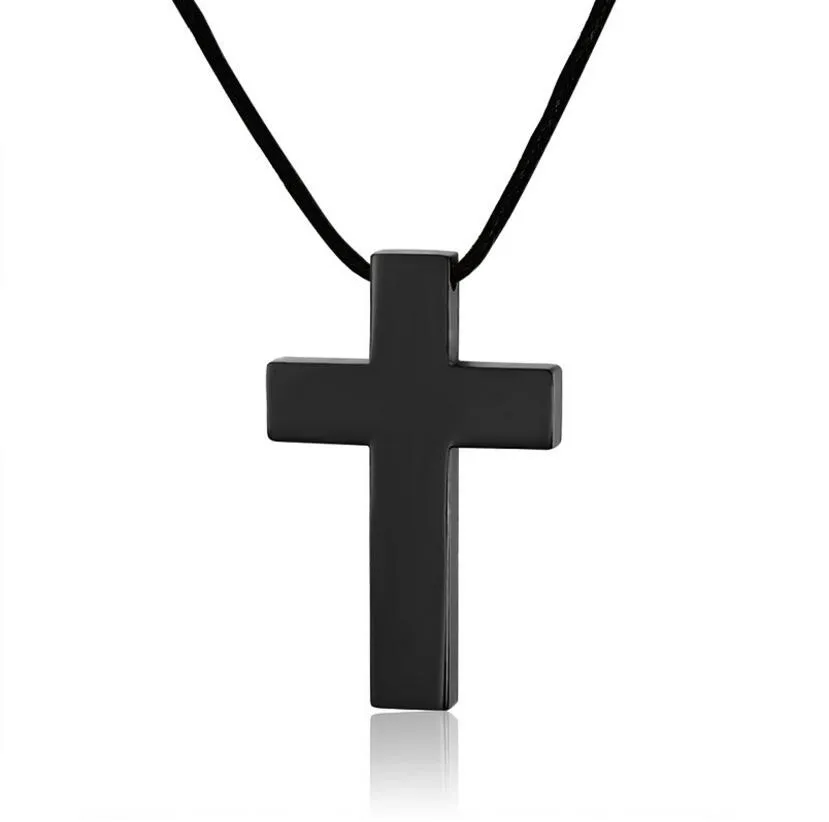 Schlichter, schlichter Kreuz-Anhänger aus Edelstahl mit schwarzer Kordel, gotischer Unisex-Schmuck, gravierte, hochglanzpolierte, glatte Kreuz-Halskette