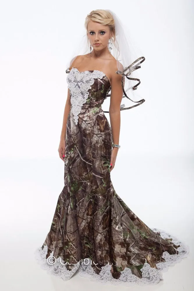 2015 Camo Robes De Mariée Plus Voiles Vintage Chérie Dentelle Sirène Camo Robes De Mariée Dos Nu Balayage Train Camouflage Robes De Mariée