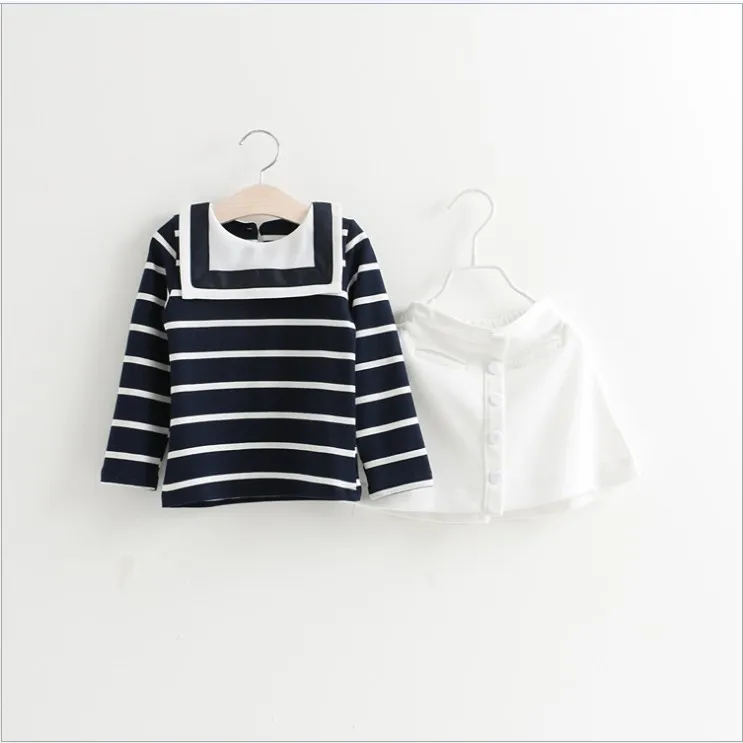 Nuovo 2018 Primavera Ragazze Stile Navy Set di abbigliamento Tshirt a righe a maniche lunghe bambini Gonna 2 pezzi Abiti bambini Vestiti bambina Chil7374806