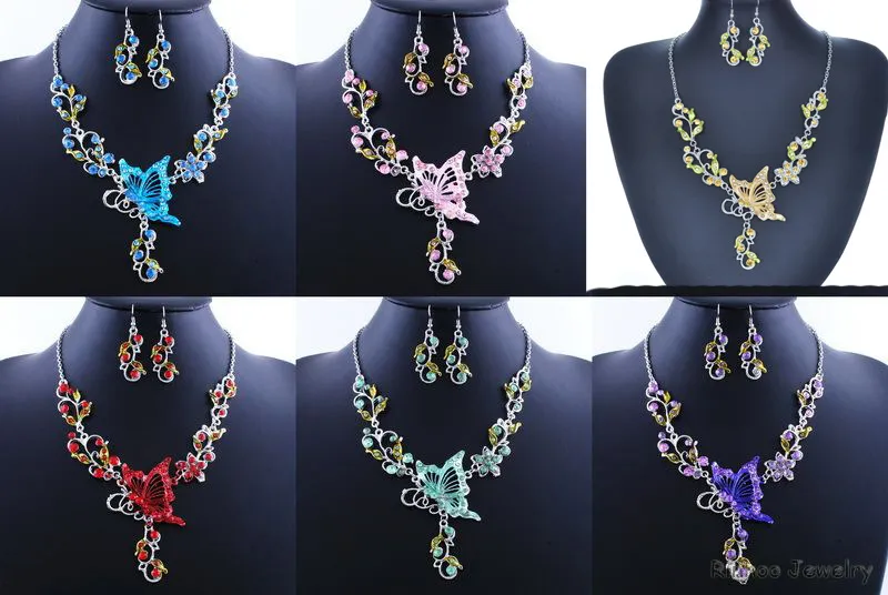 6 Kolory Kobiety Butterfly Kwiat Rhinestone Wisiorek Oświadczenie Naszyjnik Kolczyki Zestaw Biżuterii Moda Biżuteria Suknia Ślubna Bridal Suknia Biżuteria Zestawy