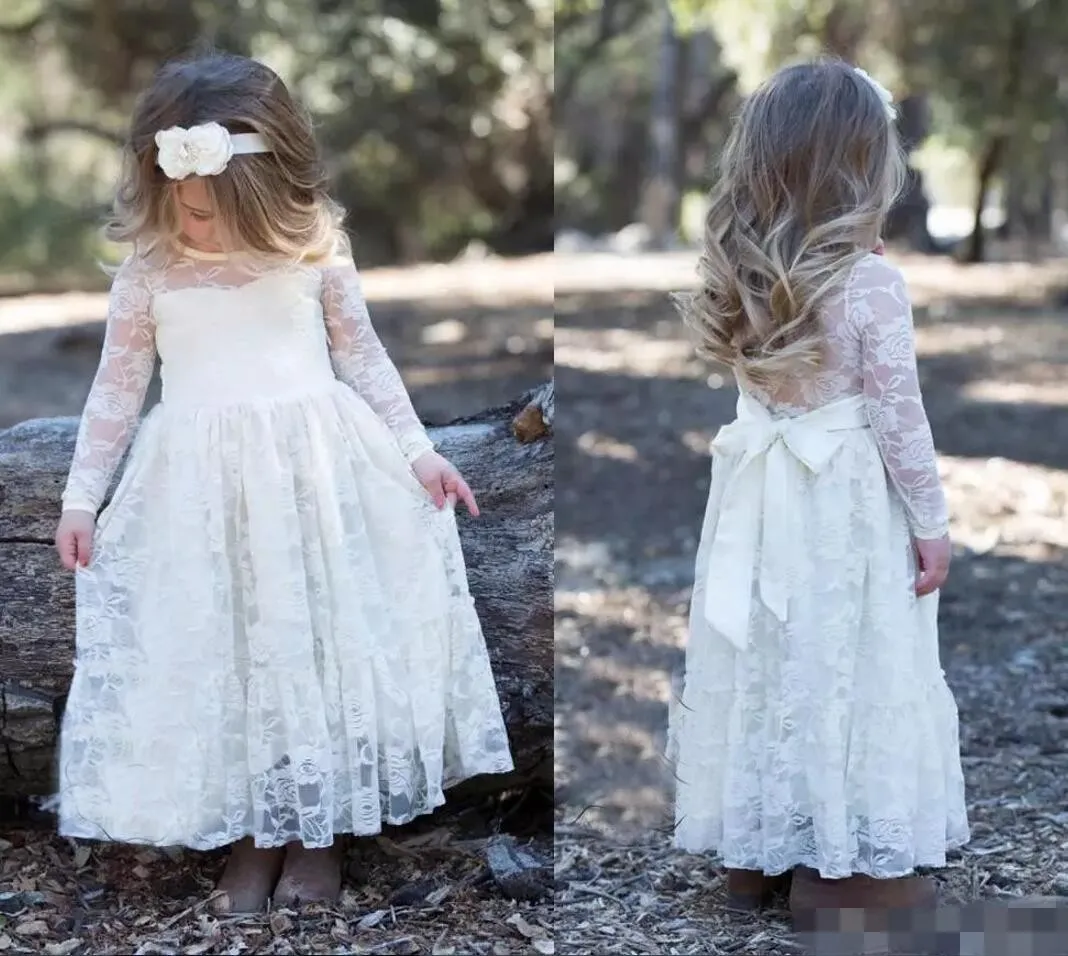 New Cute Country Full Lace Flower Girls Dresses Long Sleeves Ritzee