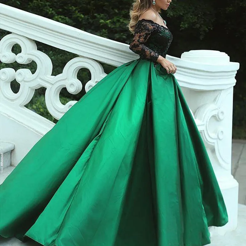Off Shoulder Dark Green Ball-jurk Avondjurken met lange mouwen Zwart Lovertjes Kantavondjurken Plus Sizse Vestido de Festa