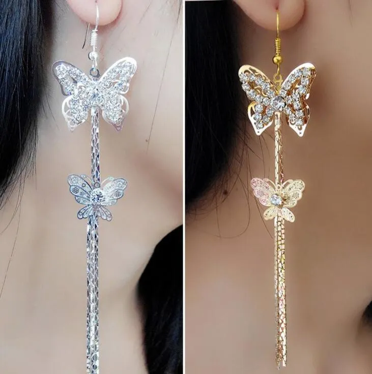 Musujące posrebrzane biżuteria panna młoda Diamentowe Motyl Kolczyki Crystal Double Butterfly Długi Tassel Kolczyk Dla Kobiet Party Ucha Biżuteria