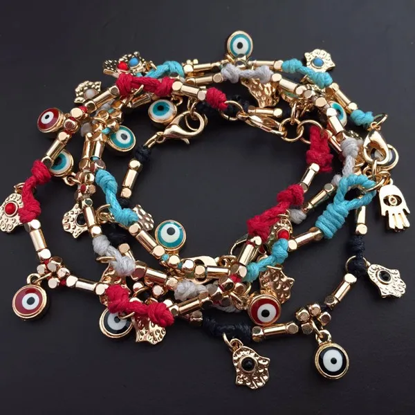 Evil Eye Charm Armband Handgemaakte Gevlochten Turkije Blauw Oog Hamsa Charm Armbanden Handgemaakte Sieraden Zink Allloy Waxed Strings Touw