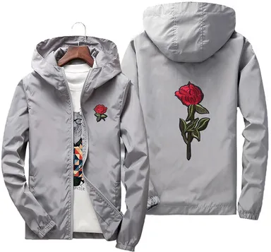 Rose Embroidered Windbreaker Jacket for Men Women White Polyester Lightweight Casual Outwear