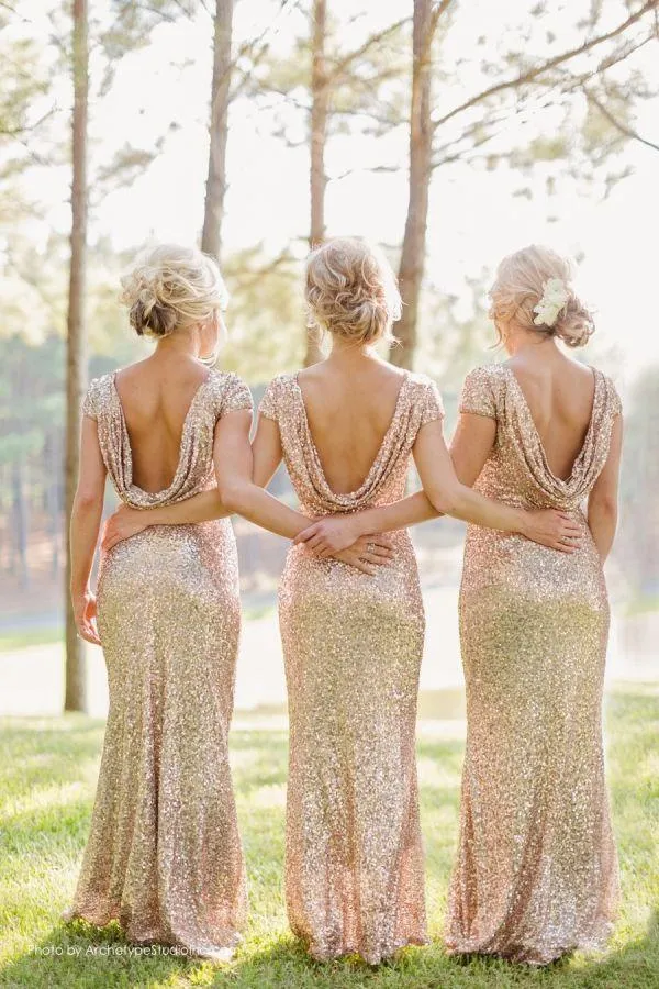 Sequins Short Sleeve Gold Bridesmaid Dresses Long Length Cheap Bridesmaid Dress Backless Sheath Prom Gown Wedding Party Dress