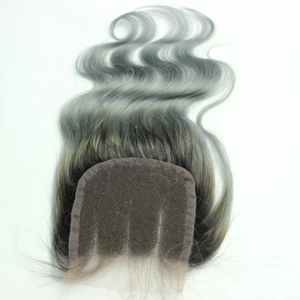 1B ciemnoszary szary 4x4 koronkowe zamykanie brazylijska fala ciała włosy ombre ludzkie włosy wolne środkową część