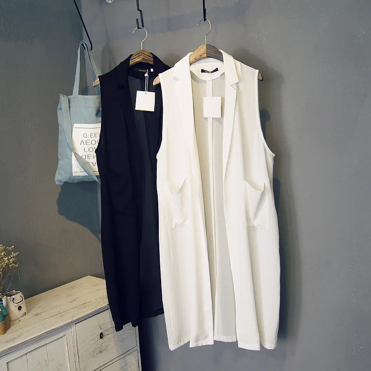2015 جديد الصيف نمط المرأة عارضة أبيض أسود طويل قميص سترة سترة أكمام الشيفون السترة معطف colete feminino FG1511