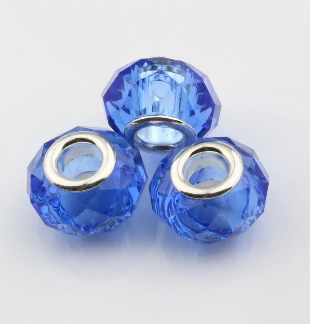 Hotl! 200 SZTUK Blue Faceted Kryształ Szkło Duże Dziury Koraliki Fit Charm Bransoletki DIY Biżuteria