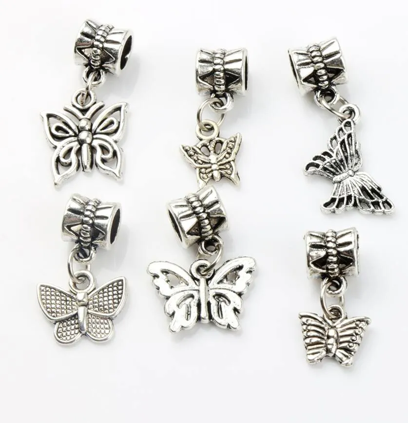 Butterfly Dangle Big Hole Koraliki 100 sztuk / partia 6styles Tybetański Silver Fit Europejskiej Charm Bransoletka DIY Metale Luźne Koraliki
