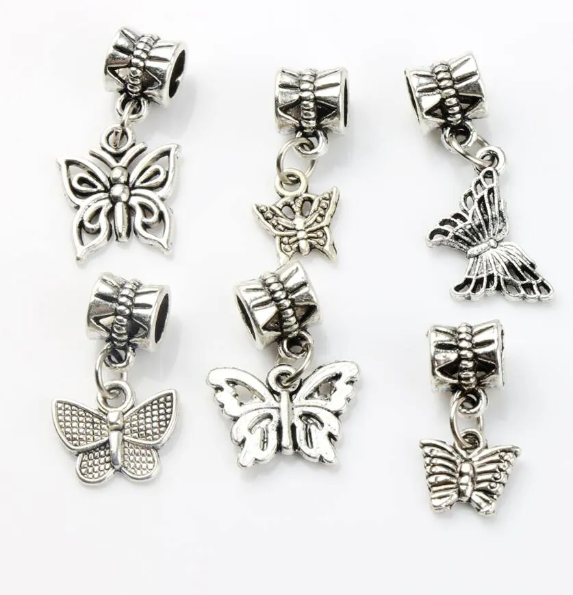 Papillon Balancent Grand Trou Perles 100 pcs/lot 6 styles Tibétain Argent Fit Européen Charme Bracelet BRICOLAGE Métaux Lâche Perle