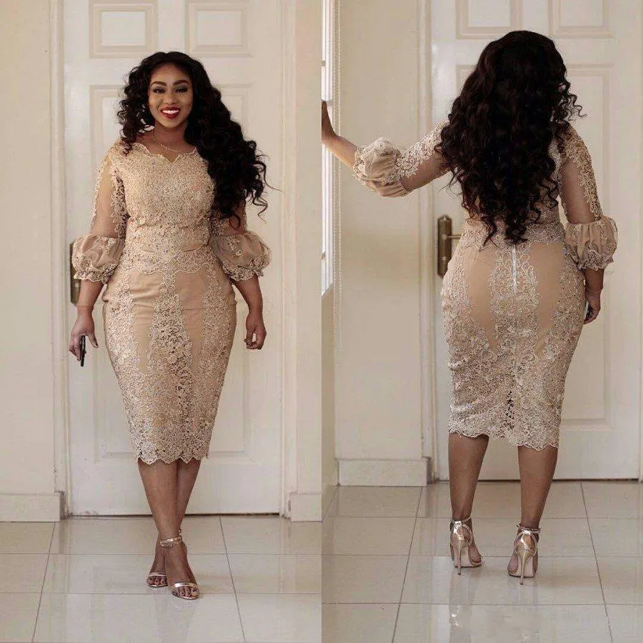 2019 New Plus Size Cocktail Dresses Jewel Neck Applique 3/4 Sleeve Zipper Tea Length Prom Dress Fashion Champagne Pretty Woman Party Dress