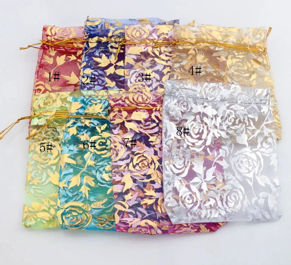 8 kleuren 9x12cm goud rose ontwerp organza sieraden pouches tassen snoep tas GB038 hot verkopen