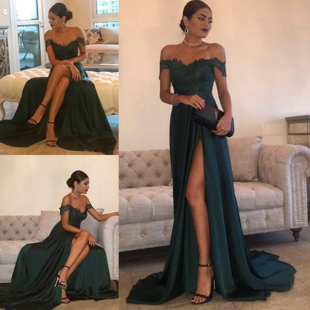 2018 New Prom Dresses Off Shoulder Cheap Long Dark Green Satin Lace Appliques Side Split Cap Sleeves Party Dress Formal Evening Gowns