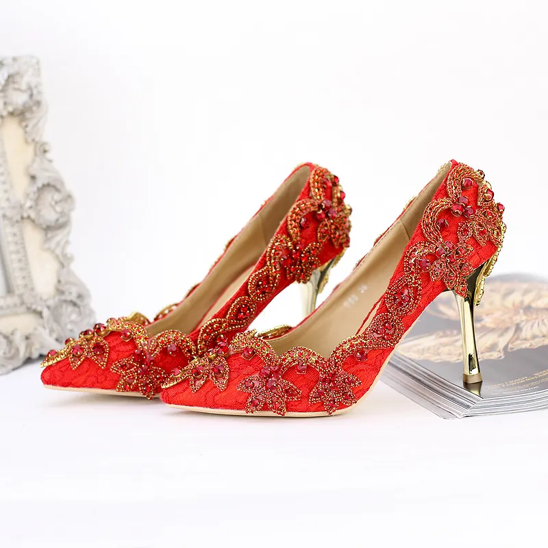 Wedding Pumps Party Rhinestone Shoes for Women Bride Stiletto Red