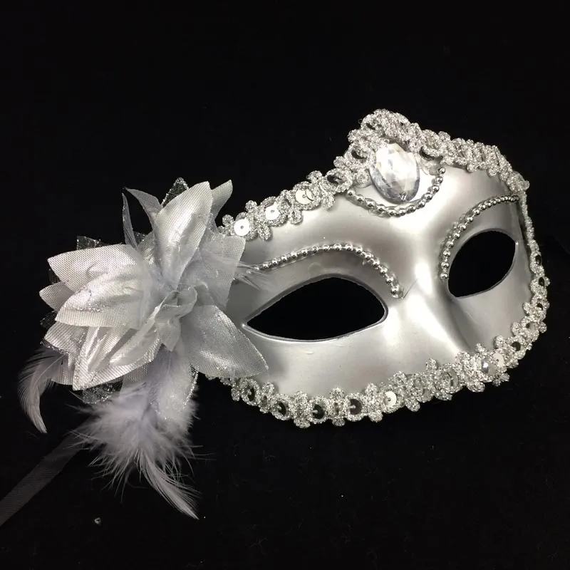 Luxury Party Masks Sexig Eyeline Gemstone Venetian Masquerade Mask Feather Flower Aple Sequin Lace Prom Mask Black White Gold Silver