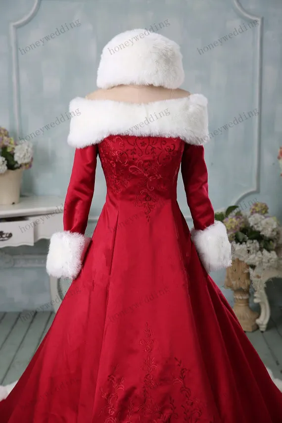 Christmas Faux Fur Satin Red Wedding Dress With Embroidery Long Sleeve