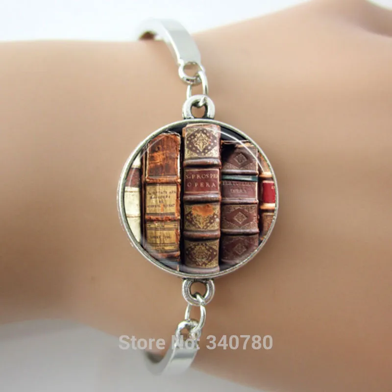 Buch-Armreif, Bibliothekar-Schmuck, Bibliothek, Bibliophile, Buchliebhaber, Bücherwürmer-Armreifen, Glas-Cabochon-Kuppel-Bild-Armreifen, Silber