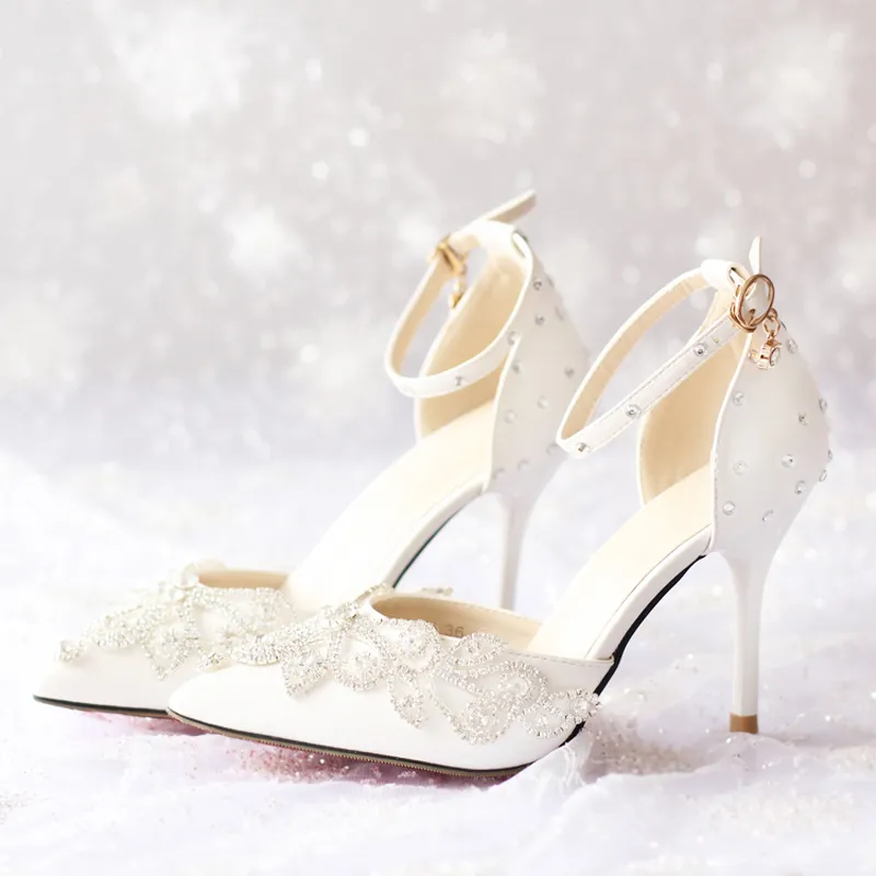 Bout pointu nouvelles femmes talons hauts chaussures de mariage de bal dame cristal plates-formes Rachel blanc chaussures de mariée avec boucle sangle