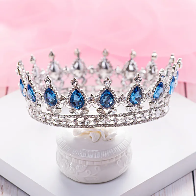 Rainha Coroa Luxuoso Azul Diamante Pageant Nupcial Do Casamento Jóias Acessório Quinceanera Tiaras Bizantina Partido Prom Headband