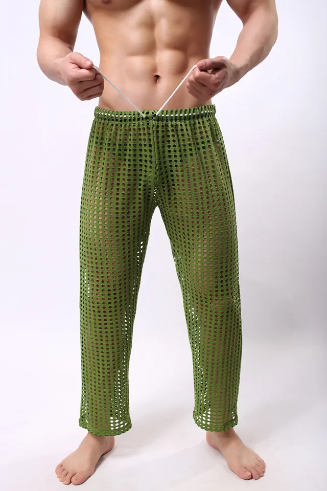 Sexy Mens Pants Sleepwear See Through Big Mesh Lounge Pajama Bottoms Loose Trousers Low Rise Male Sexy Wear254k